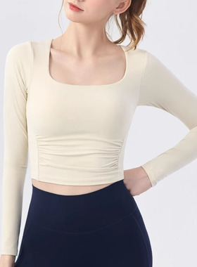 ALO新款方领裸感瑜伽服女带胸垫运动长袖普拉提训练健身T恤上衣秋