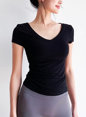 ALO夏季运动短袖女紧身显瘦v领瑜伽T恤跑步训练透气速干健身上衣