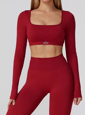 ALO镂空美背瑜伽长袖T恤女高级感方领修身运动跑步普拉提健身服秋