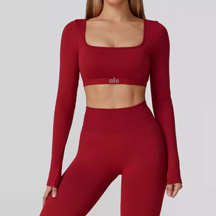 ALO镂空美背瑜伽长袖 运动跑步普拉提健身服秋 T恤女高级感方领修身