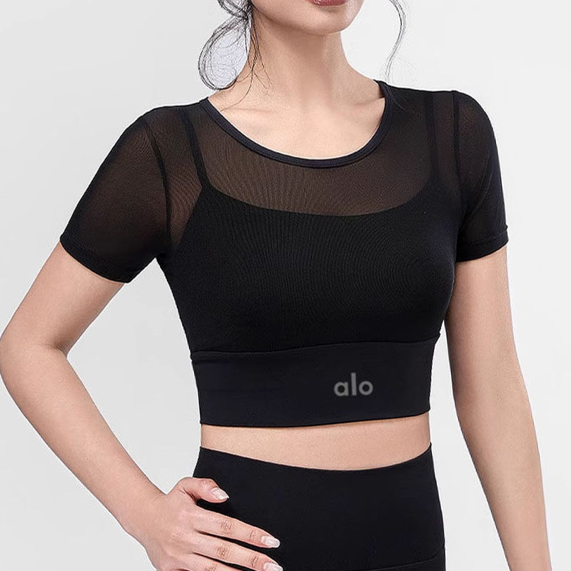 ALO带胸垫假两件运动瑜伽服女性感修身网纱透气健身短袖跑步T恤春,运动/瑜伽/健身/球迷用品,瑜伽t恤,淘宝优惠券,粉丝福利购,淘宝优惠卷