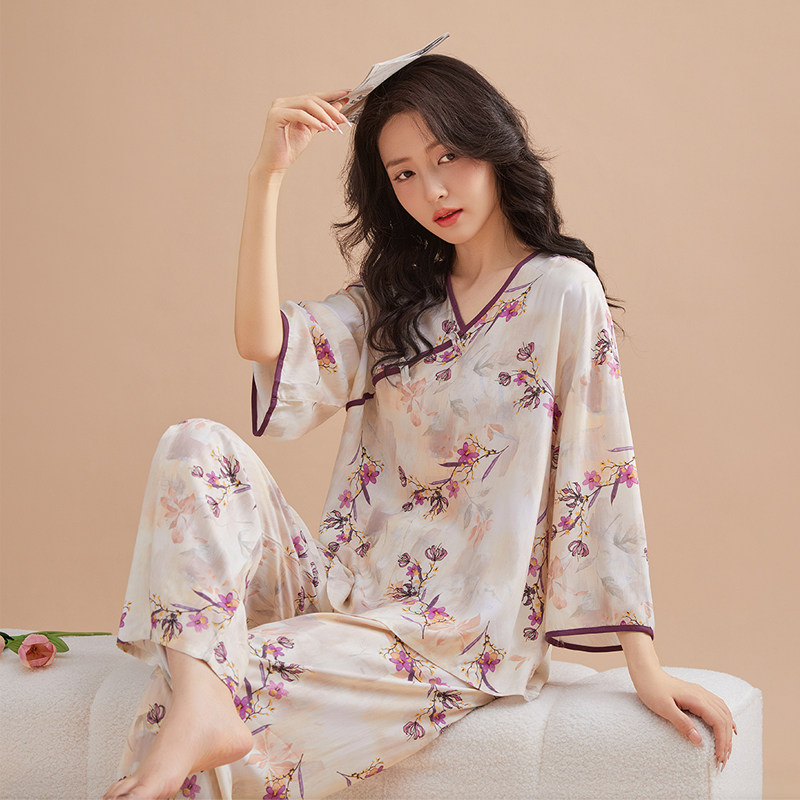 绵绸睡衣女士夏新中式国风七分袖套装可外穿家居服春秋女人造棉绸