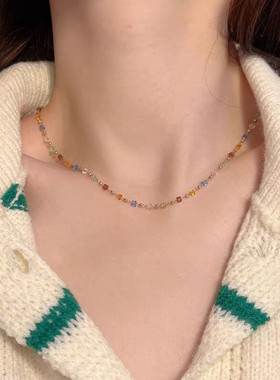 真金电镀韩国新款水晶串珠项链女彩虹锁骨链小众简约choker颈链