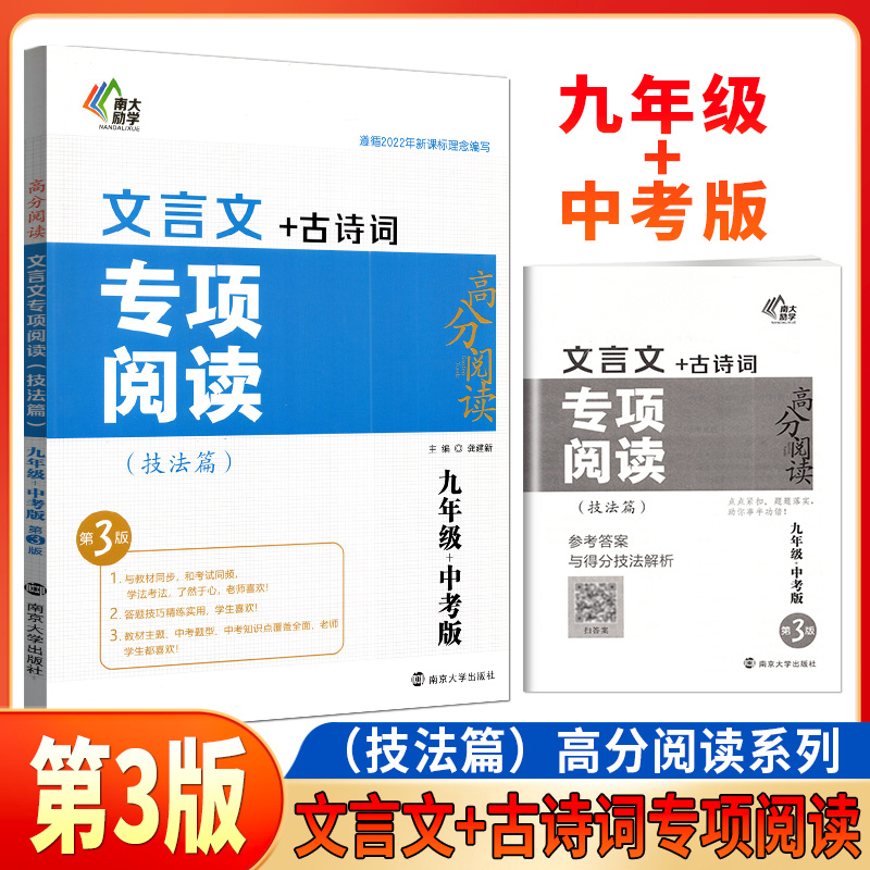 南大励学 版文言文+古诗词专项阅读技法篇第3版九年级+中考全国通用初三年级中考语文高分阅读答题技巧点拨教材同步练习特训