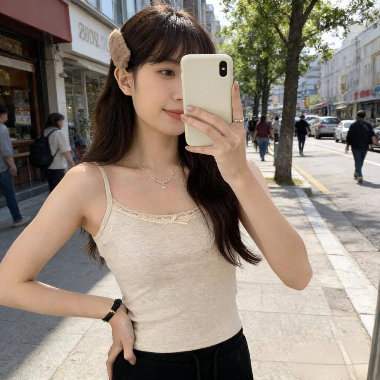 莫代尔纯棉吊带小背心女无胸垫高弹显瘦蕾丝贴身U领小清新风上衣