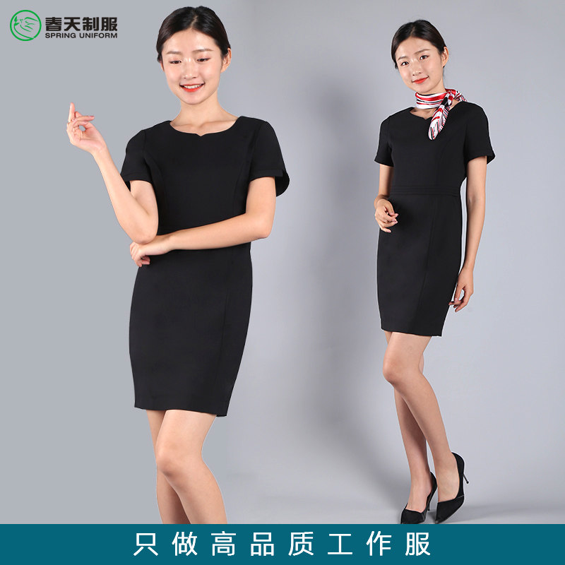 珠宝店4S店售楼部形象岗前台女夏短袖物业黑色职业工作服连衣裙