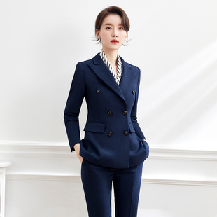 女士西服OL通勤双排扣女西装 春季 白领职业装 工作服套装 藏青色 女款