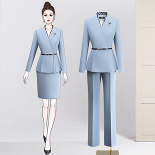 女西装 春季 套装 女裤 腰带ol上班穿售楼处案场客服工作服 蓝色职业装