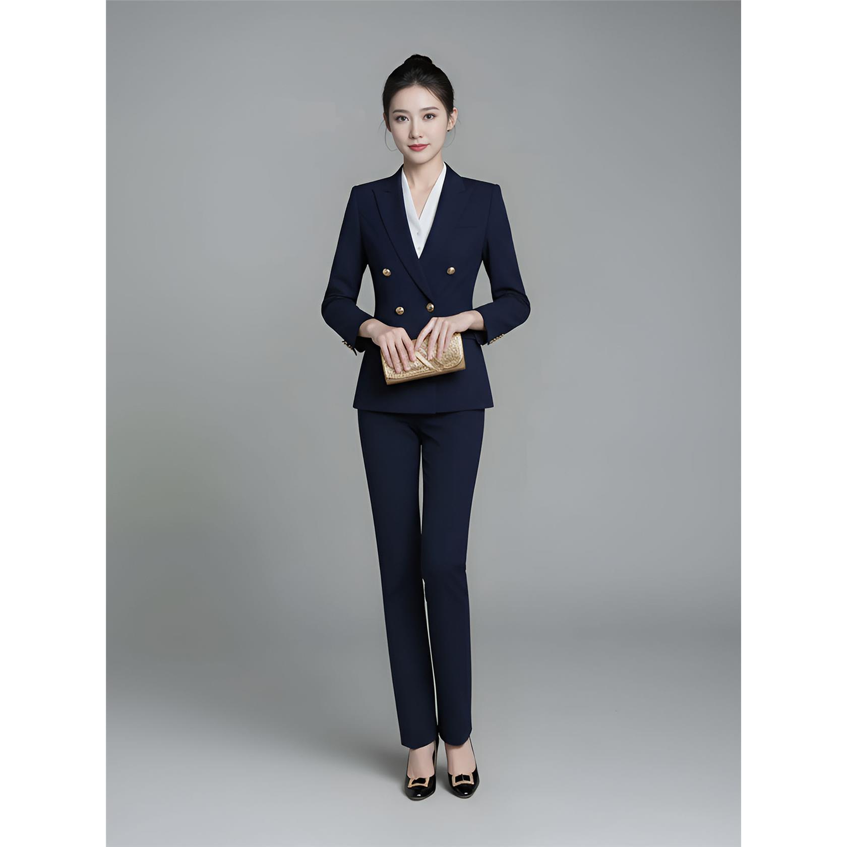 秋季藏青色职业西装套装女长袖双排扣商务通勤售楼处工作服高级感