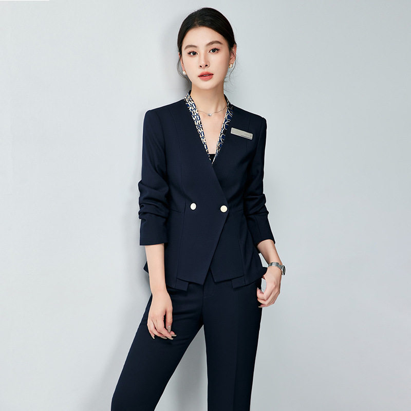 商务风藏青色西装套装女长袖职业装通勤气质女酒店前台物业工作服