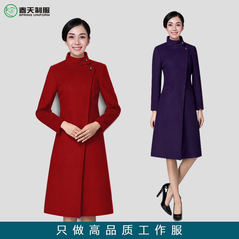 空姐呢子女大衣中长款冬季加厚毛呢外套物业酒店前台售楼部工作服