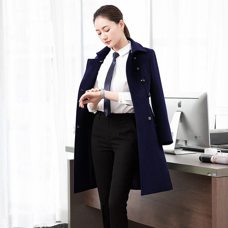 职业大衣女中长款冬天加厚夹棉时尚修身毛呢外套客服售楼部工作服