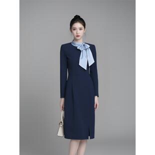 秋季气质优雅职业连衣裙女长袖修身蝴蝶结领带藏青色售楼部工作服