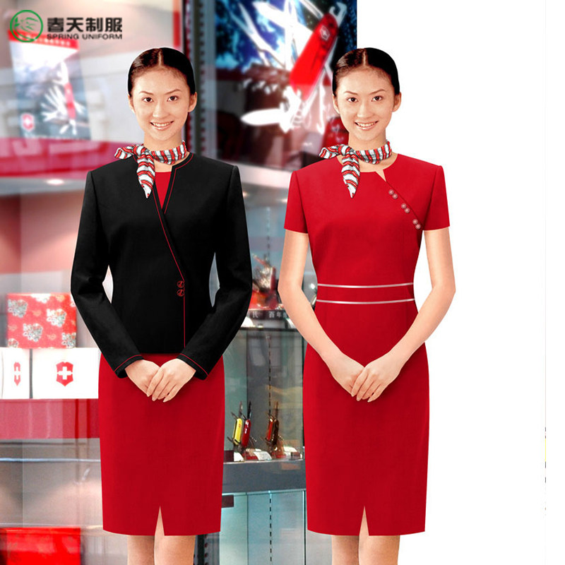 客服前台展会会务迎宾学校学生礼仪红色短袖连衣裙工作服春秋装