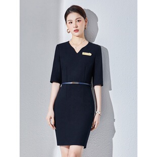 藏青色v领连衣裙中袖夏装女神范珠宝店售楼部物业前台客服工作服