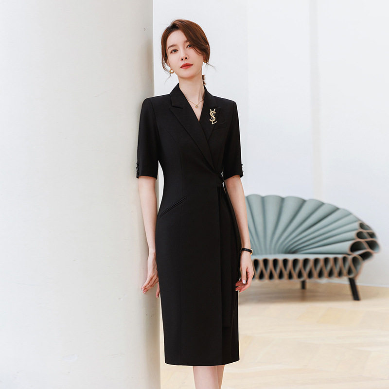 黑色女中袖连衣裙春夏高端物业售楼部主持人职业装酒店经理工作服