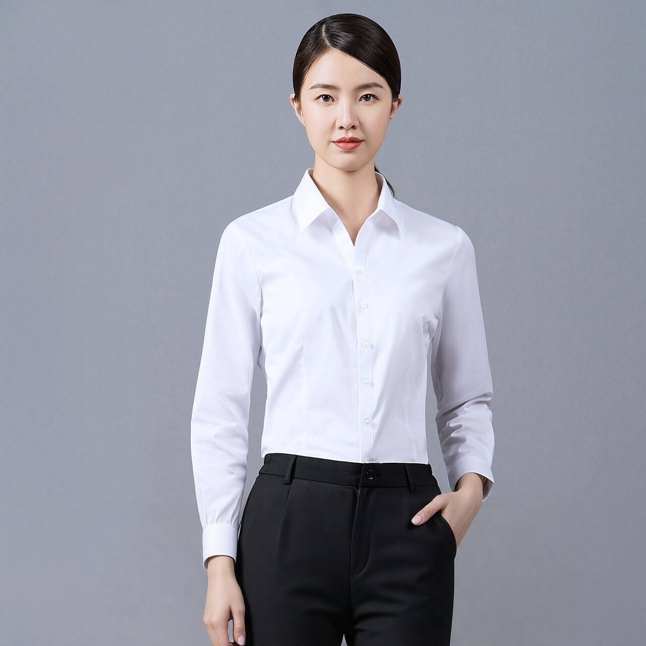 白色V领长袖衬衫女方领白衬衣修身显瘦气质商务休闲衬衣工作服