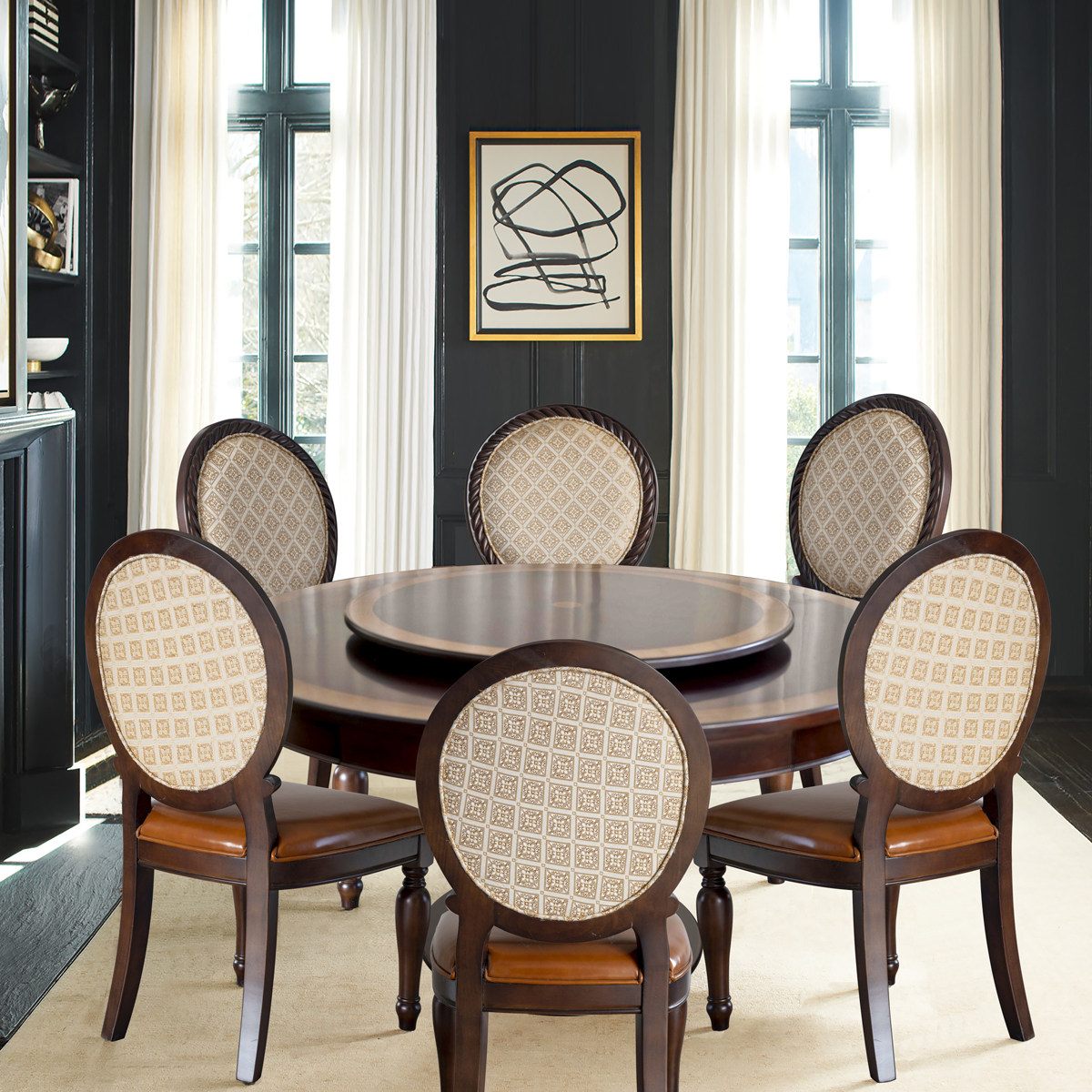 美式复古圆餐桌椅带转盘抽屉古典拼花桃花芯木高级家具定制中古