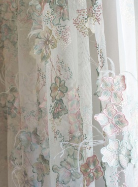 圣奇尼美式高档女儿房绣花窗纱粉色羽毛贴布绣花纱卧室公主风婚纱