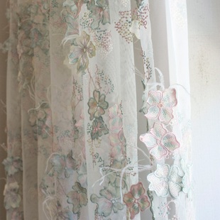 圣奇尼美式高档女儿房绣花窗纱粉色羽毛贴布绣花纱卧室公主风婚纱