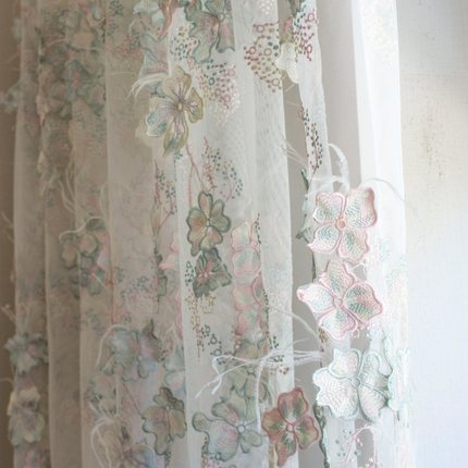 圣奇尼美式高档女儿房绣花窗纱粉色羽毛贴布绣花纱卧室公主风婚纱