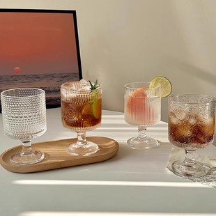 日本复古ins风太阳花浮雕玻璃杯高颜值设计感饮料果汁高脚杯精致