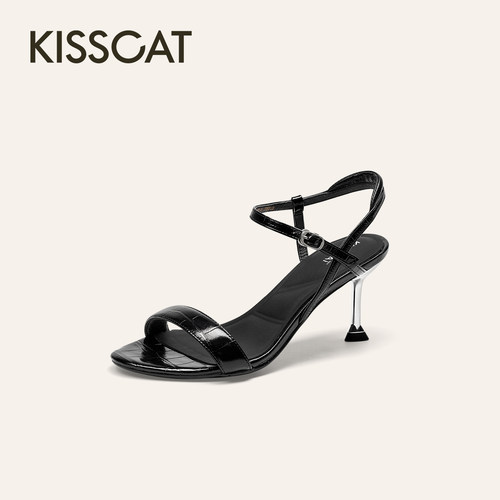 KISSCAT接吻猫[都市霓虹]舒适黑色一字带高跟鞋真皮尖头凉鞋女