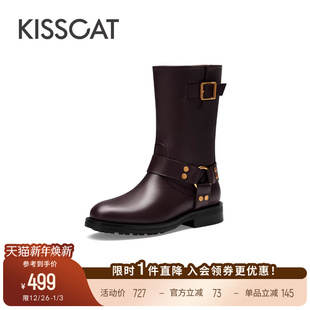 KISSCAT接吻猫真皮机车靴增高中筒靴棕色皮带扣骑士靴复古短靴