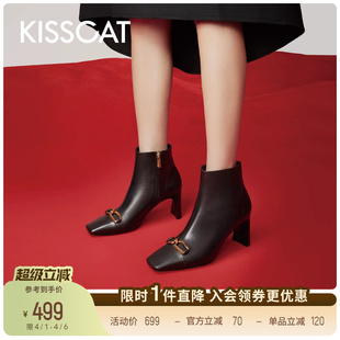 KISSCAT接吻猫新款 靴女 黑色高跟靴方头真皮短靴通勤粗跟时装