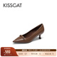 真皮气质棕色高跟鞋 KISSCAT接吻猫新款 通勤细跟尖头浅口单鞋 女