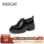 增高真皮黑色厚底乐福鞋 KISSCAT接吻猫新款 系带英伦风小皮鞋 女