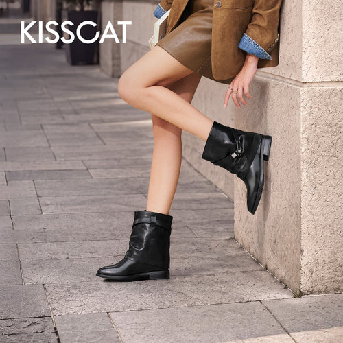 KISSCAT接吻猫[纽约大道]皮质裤管靴26秋新品复古摩登西部宽筒靴