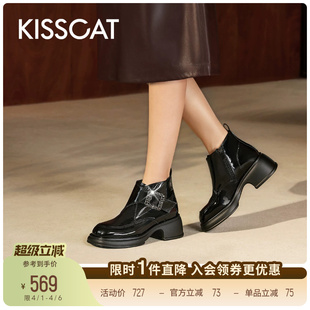 新款 通勤真皮短靴增高方钻黑色靴子女 繁花孟克靴 KISSCAT接吻猫
