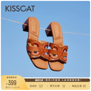 女夏外穿不累脚 粗跟拖鞋 KISSCAT接吻猫棕色经典 老钱风高跟凉拖鞋