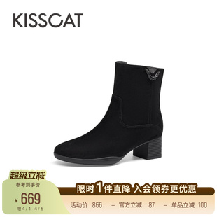 气质高跟短靴粗跟绒面通勤洋气时装 靴 流金岁月 KISSCAT接吻猫