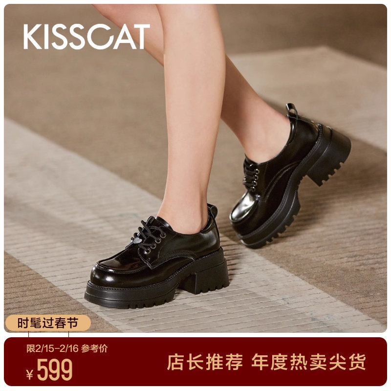 接吻猫奥利奥厚底增高乐福鞋春季新款JK真皮绑带松糕小皮鞋女