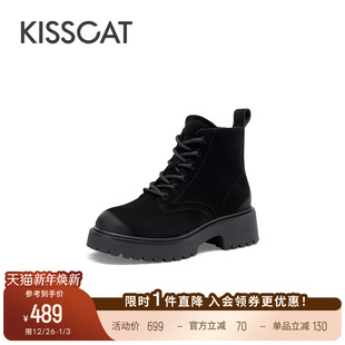 KISSCAT接吻猫系带登山靴复古真皮短靴增高黑色厚底马丁靴女