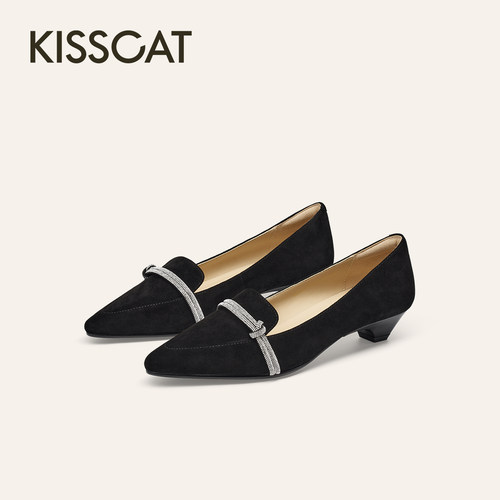 KISSCAT接吻猫[星河]尖头小单鞋舒适真皮绒面黑色深口粗跟单鞋
