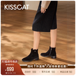 靴粗跟真皮短靴羊绒踝靴瘦瘦靴女 时装 KISSCAT接吻猫 巴音布鲁克