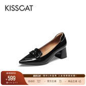 KISSCAT接吻猫 尖头通勤粗跟浅口单鞋 瑰丽编辑鞋 气质黑色高跟鞋