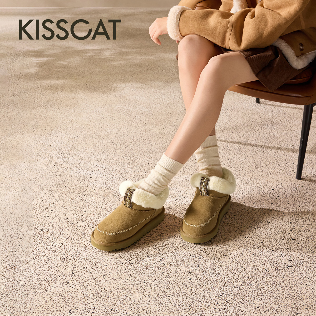 KISSCAT接吻猫[绵羊窝]雪地靴25冬新厚底毛毛靴羊毛加绒雪地靴女