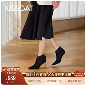 小短靴真皮尖头高跟靴绒面时装 KISSCAT接吻猫 气场全开 瘦瘦靴女