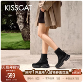 KISSCAT接吻猫 烤布蕾 切尔西靴舒适烟筒靴运动厚底弹力瘦瘦靴