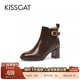 KISSCAT接吻猫新款 复古瘦瘦靴真皮短靴法式 高跟靴棕色靴子女