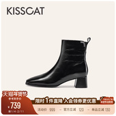 粗跟靴舒适气质高跟瘦瘦靴真皮时装 KISSCAT接吻猫 巴黎左岸 靴