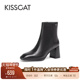 KISSCAT接吻猫新款 高级粗跟真皮中筒靴高跟靴法式 黑色短靴女