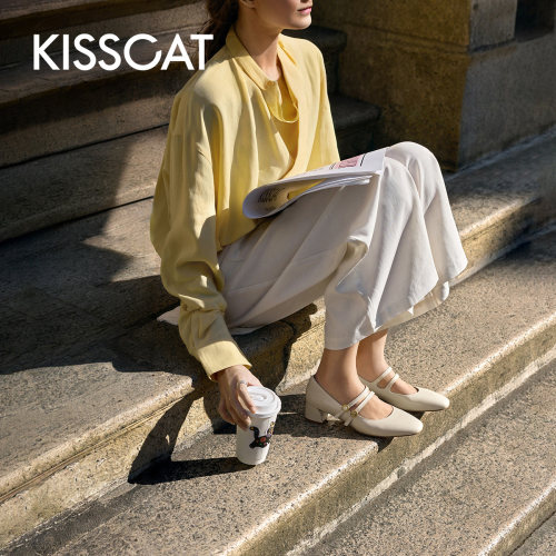 KISSCAT接吻猫[金币玛丽珍]26新单鞋条带玛丽珍鞋法式小高跟鞋