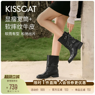 KISSCAT接吻猫 堆堆靴皮带扣骑士靴短靴牛仔西部机车靴 西雅图