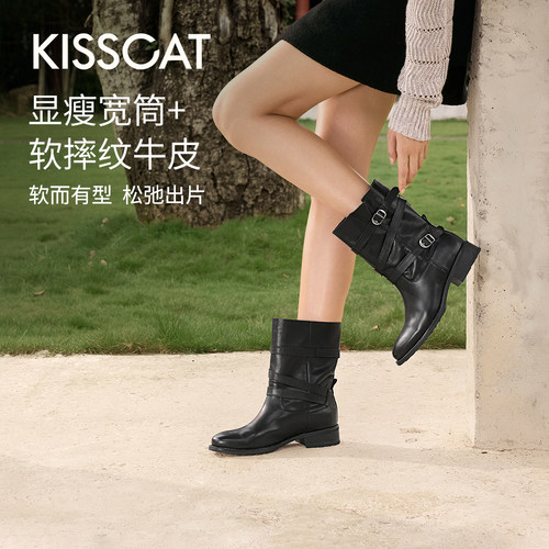 [米兰时装周款]接吻猫[西雅图]堆堆靴皮带扣骑士靴西部牛仔机车靴