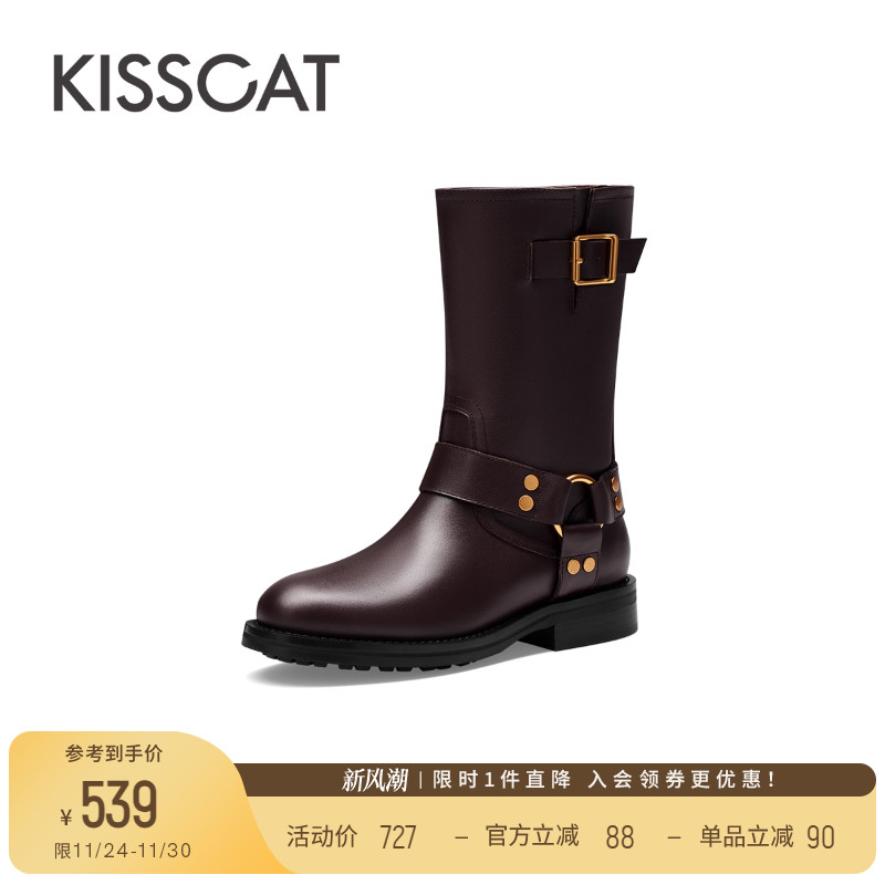 接吻猫圆头粗跟骑士靴